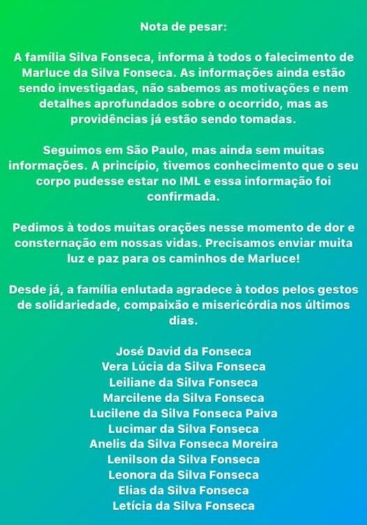 Comunicado sobre falecimento de Marluce Fonseca