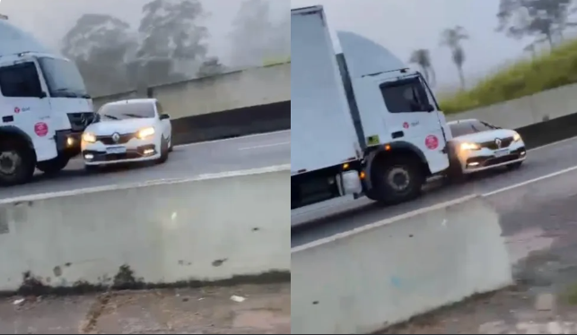Vídeo: Caminhoneiro que seria roubado arrasta carro de ladrões por 1 Km