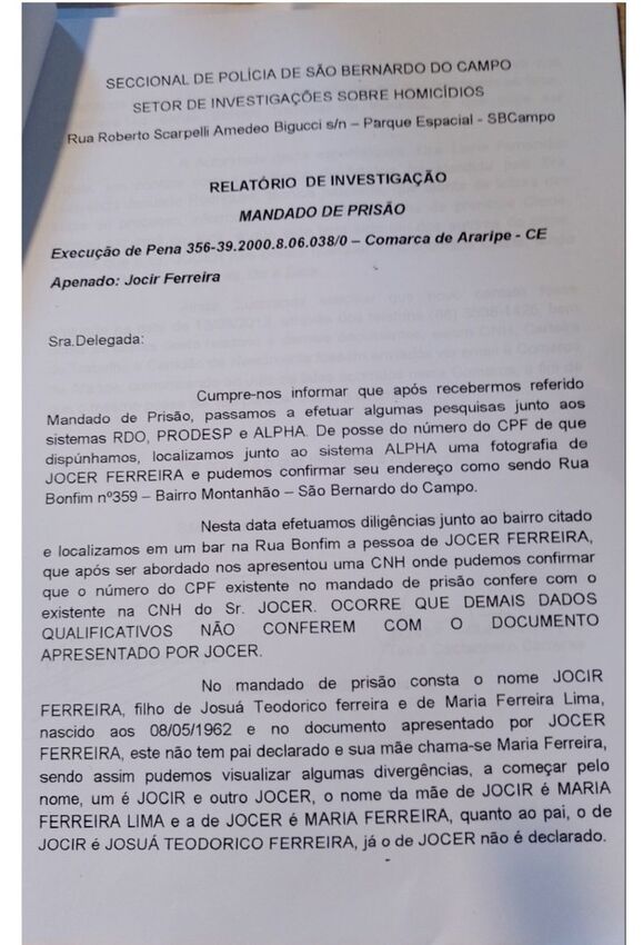 Documento de será usado pela família para mostrar que houve apontamentos sobre diferenças entra Jocer e Jocir