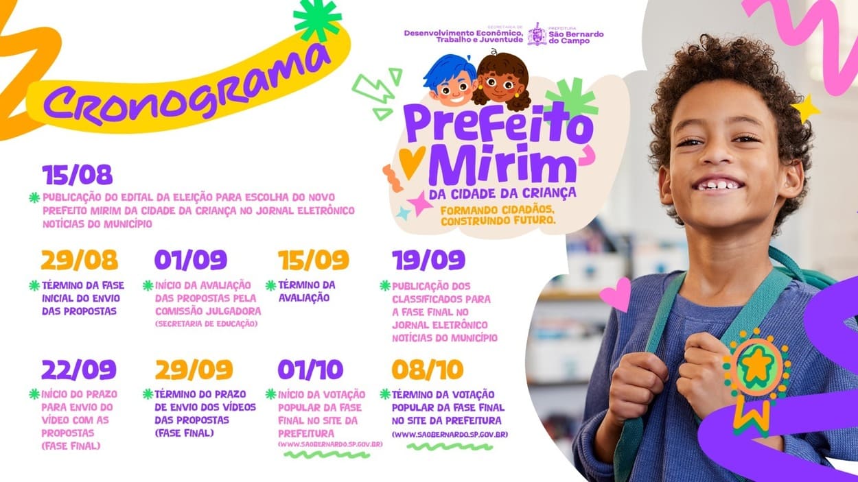 Inscrições começam nesta sexta-feira (15/08) e vão até 29 de agosto; posse do prefeito mirim ocorrerá em 12 de outubro, Dia da Criança