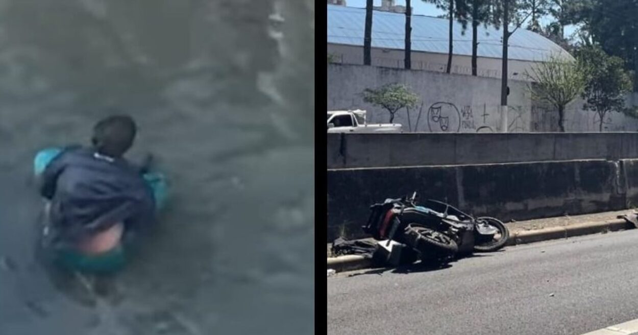 Piloto e garupa de moto são projetados para dentro de um rio após colisão em Santo André