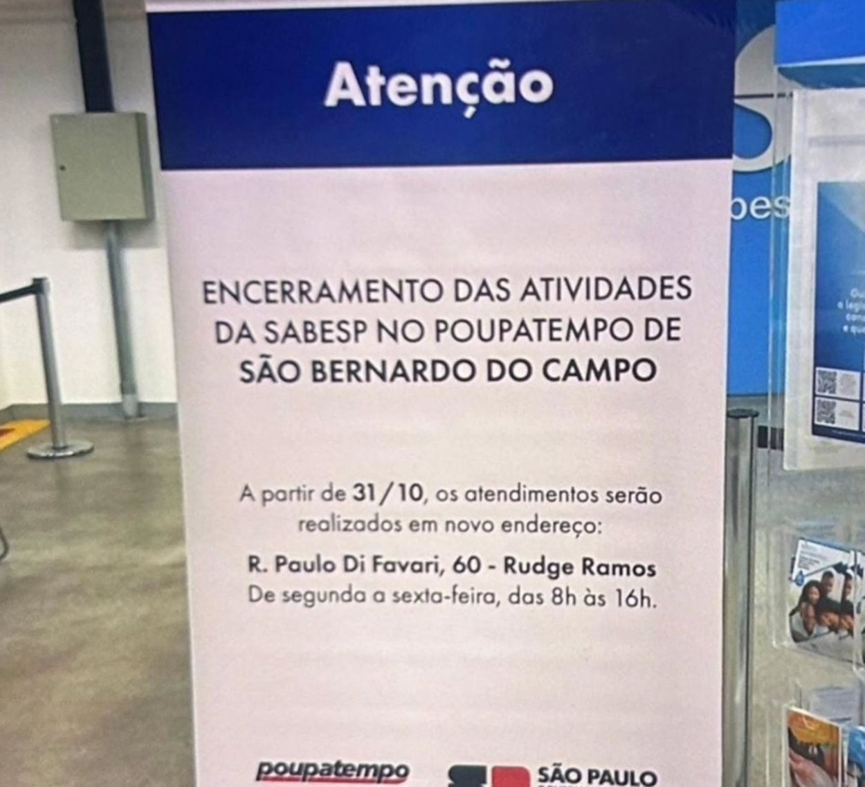 Sai do Poupatempo: Sabesp muda endereço em São Bernardo