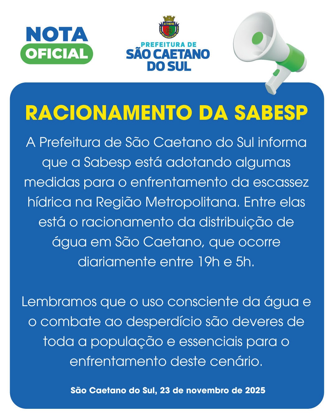 Nota da prefeitura=- racionamento de água em São Caetano