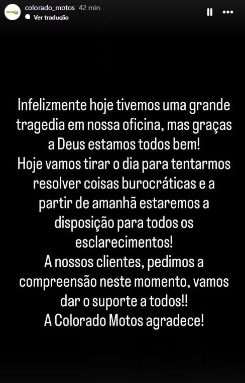 Nota oficial da Colorado Motos publicada nas redes sociais da empresa. Foto: Reprodução