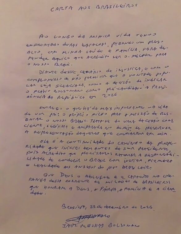 Carta escrita por Jair Bolsonaro.