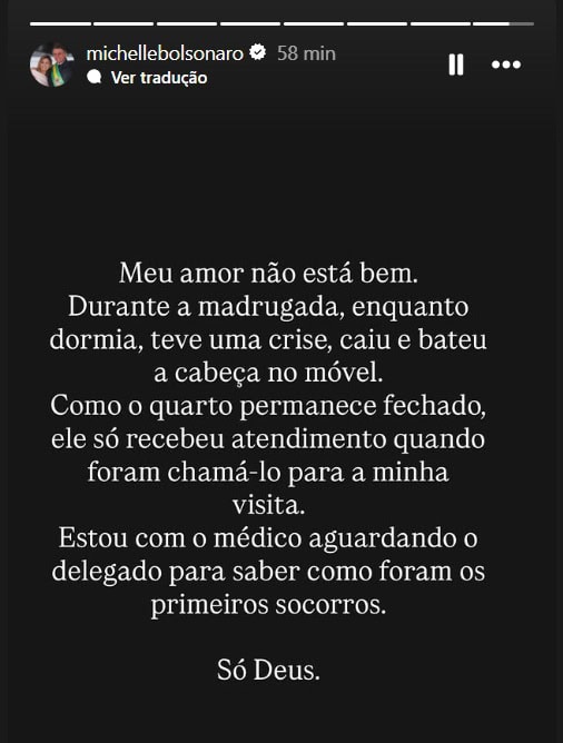 "Meu amor não está bem. Durante a madrugada, enquanto dormia, teve uma crise, caiu e bateu a cabeça no móvel", escreveu Michelle em uma rede social.