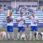 Jogadores do Santo André entram em campo com cães para incentivar adoções pet