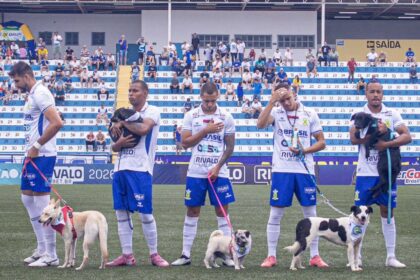 Jogadores do Santo André entram em campo com cães para incentivar adoções pet