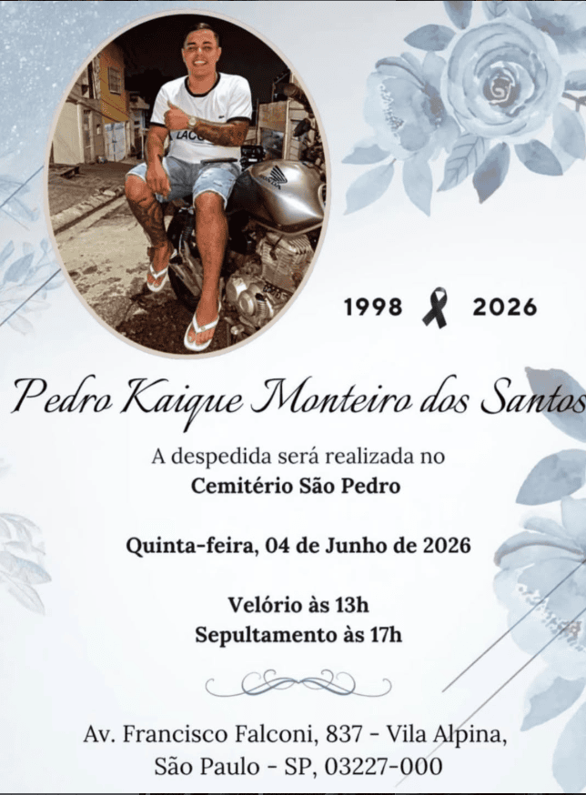 velório e sepultamento do motociclista  Pedro Kaique Monteiro dos Santos estão marcados para esta quinta 