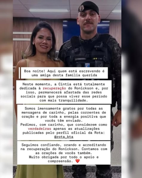 Cintia Pimentel agradeceu as correntes de oração por Ronickson Pimentel, irmão de Eloá Pimentel; estado de saúde do oficial é gravíssimo, mas estável