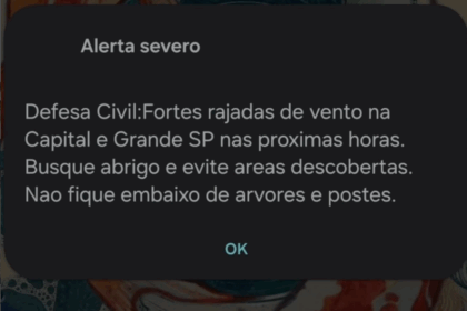 Defesa Civil envia alerta severo de tempestade e ventos fortes para o ABCD