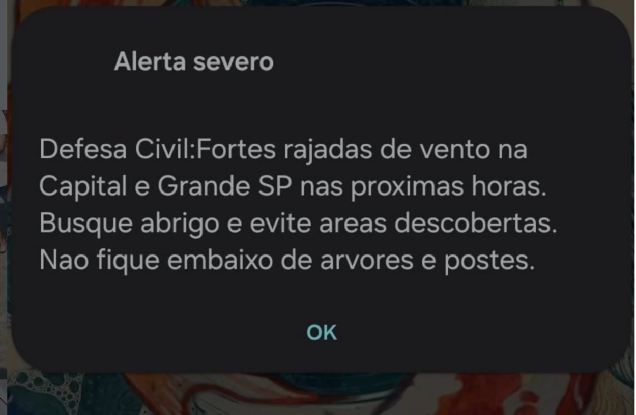 Defesa Civil envia alerta severo de tempestade e ventos fortes para o ABCD