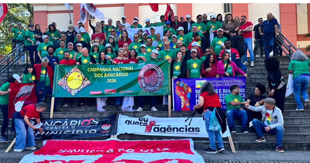 Campanha Nacional 2026: Bancários do ABC encerram manifestação e cobram aumento real de 5% e fim de metas abusivas