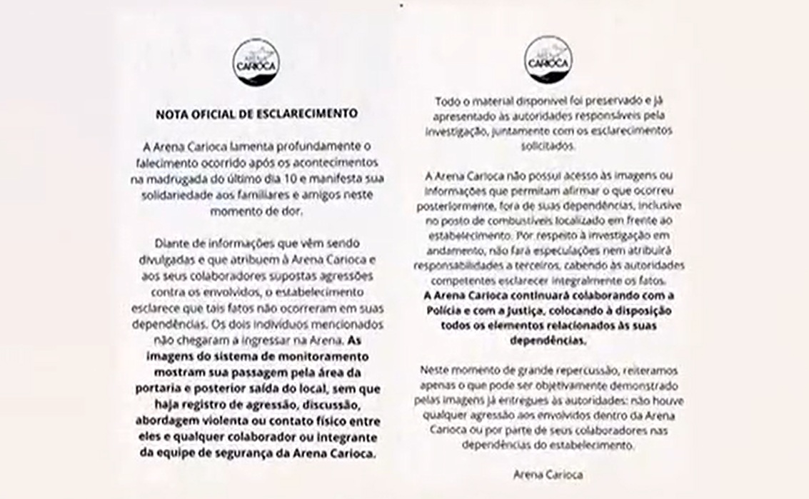 Casa Noturna Arena Cariona emitiu comunicado e negou agressões.