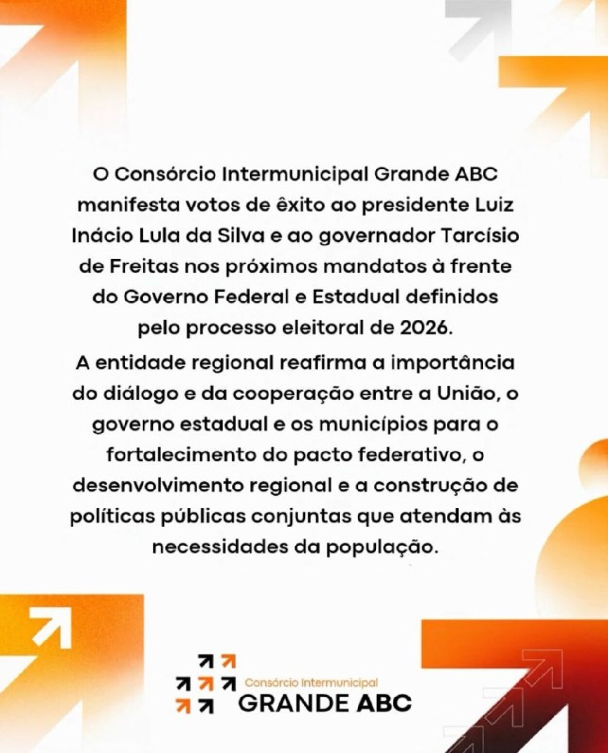 Consórcio Grande ABC deseja êxito a Lula e Tarcísio e defende cooperação federativa